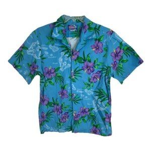 Rainbow Men Shirt Button Up Size Large Blue Hawaiian Button Up Short Sleeve Flaw